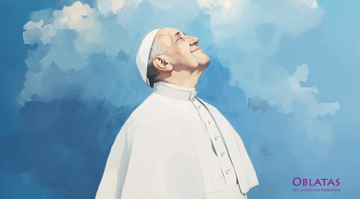 Papa Francisco no céu, olha para cima com um sorriso tranquilo.